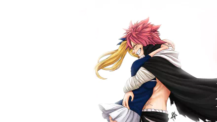 Natsu Dragneel and Lucy Heartfilia from the anime Fairy Tail share a joyful embrace in this vibrant HD desktop wallpaper, capturing their strong bond and adventurous spirit.