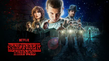 Stranger Things HD desktop wallpaper featuring characters from the TV show, showcasing a spooky and dramatic scene with Netflix logo and series title.