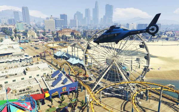 An 8K Ultra HD Grand Theft Auto V desktop wallpaper featuring a helicopter flying over a vibrant amusement park with a Ferris wheel and roller coaster near the beach.