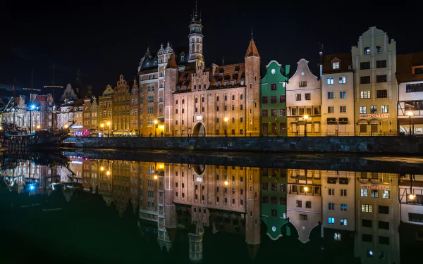 town reflection night light river Poland man made Gdansk HD Desktop Wallpaper | Background Image