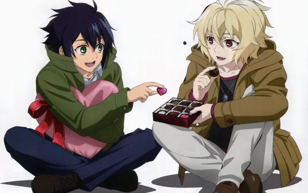 Mikaela and Yūichirō Hyakuya from the anime Seraph of the End share a lighthearted moment, sitting on the floor with chocolates, depicted in vibrant 4K Ultra HD quality.