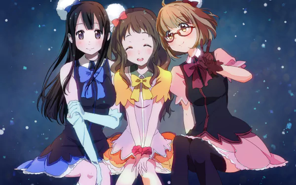 A vibrant HD wallpaper featuring Ai Shindou, Mitsuki Nase, and Mirai Kuriyama from the anime Beyond the Boundary, capturing their playful camaraderie against a whimsical backdrop.