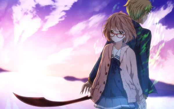 Two characters from the anime Beyond the Boundary, Akihito Kanbara and Mirai Kuriyama, pose against a vibrant sky, creating an engaging HD desktop wallpaper.
