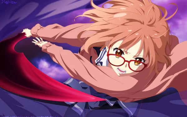 Anime character Mirai Kuriyama from Beyond the Boundary is depicted in dynamic action, with her hair and scarf flowing as she prepares for an adventure in this vibrant HD wallpaper.