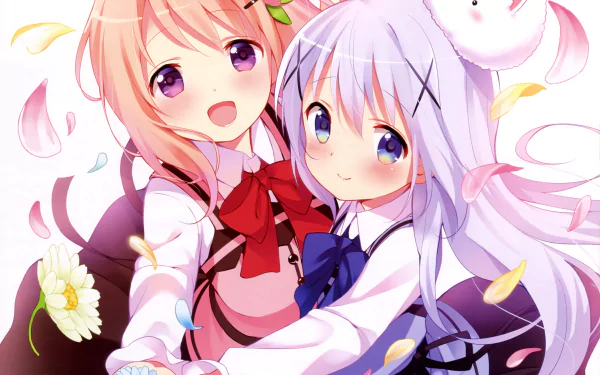 4K Ultra HD anime wallpaper featuring two characters from Is the Order a Rabbit, with vibrant colors and soft petals floating around them.