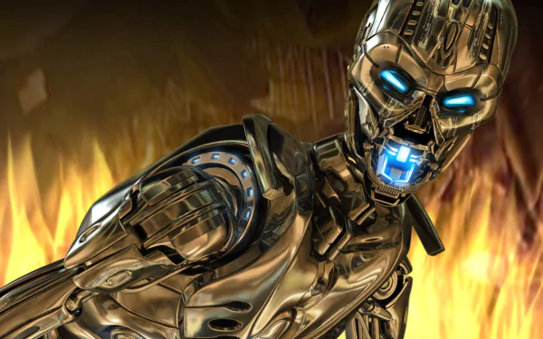 A dynamic HD desktop wallpaper featuring a robotic character from Terminator 3: Rise of the Machines, with glowing blue eyes against a fiery backdrop.