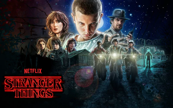 Stranger Things HD desktop wallpaper featuring characters from the TV show, showcasing a spooky and dramatic scene with Netflix logo and series title.