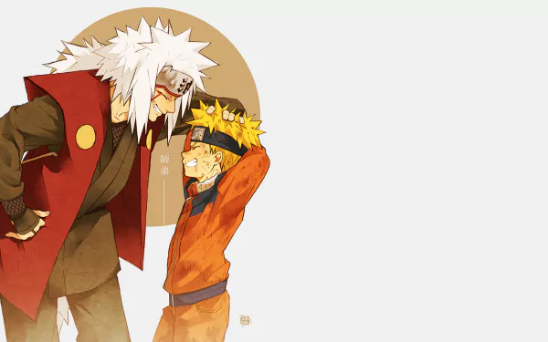Jiraiya and Naruto Uzumaki share a playful moment in this vibrant HD anime wallpaper, capturing the essence of their bond in the Naruto series.