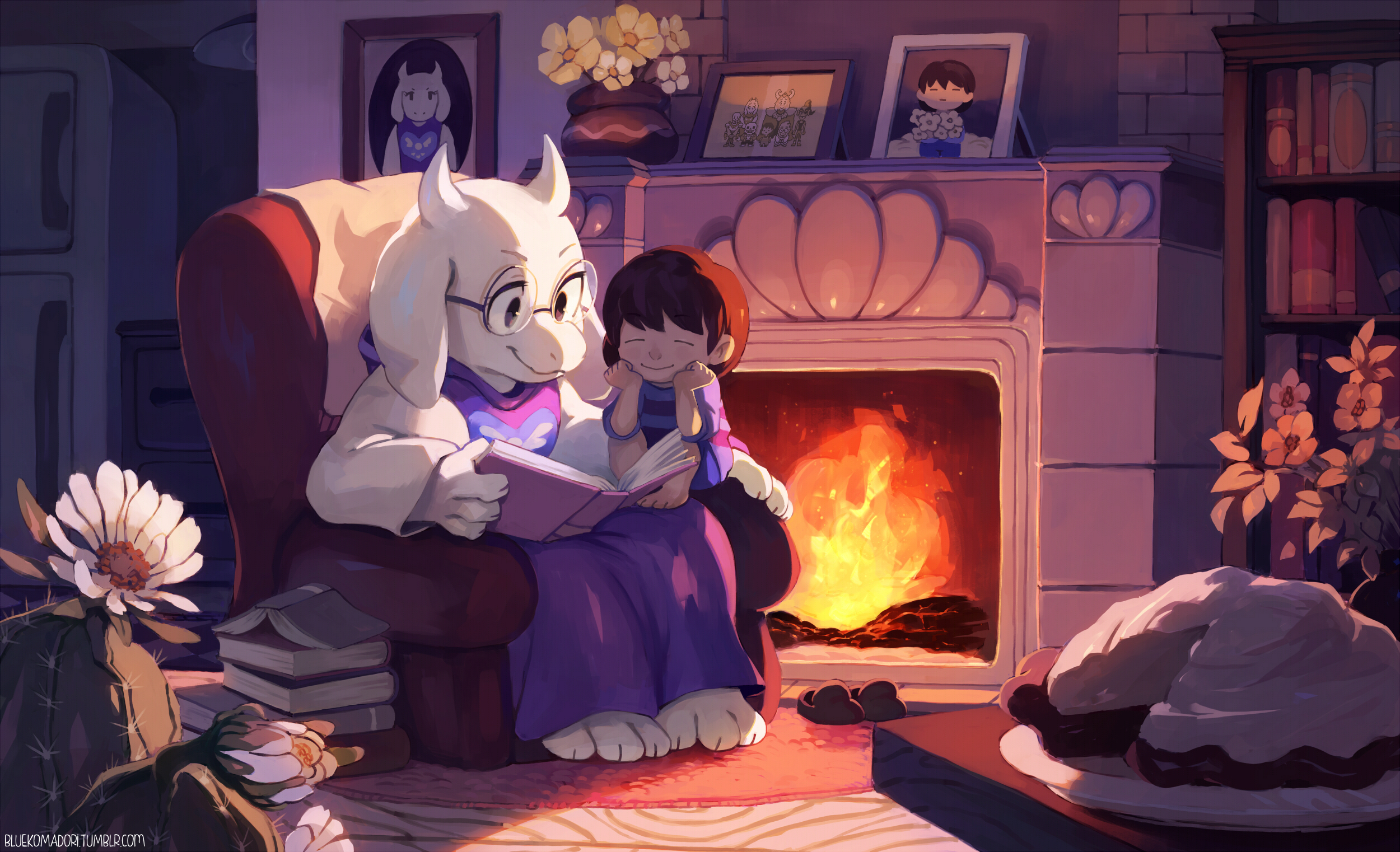 Frisk and Toriel from Undertale share a cozy moment by the fireplace with a book, creating a warm HD desktop wallpaper and background inspired by the video game Undertale.