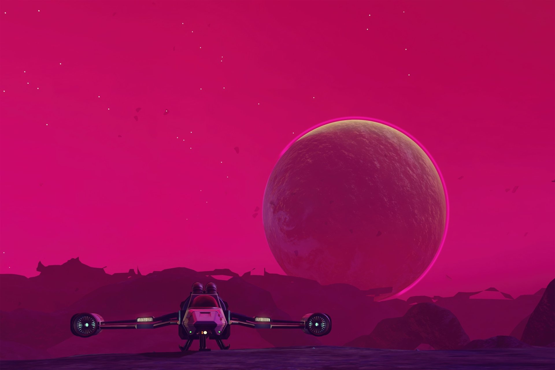 HD PC desktop wallpaper featuring a scene from the video game No Man's Sky with a spaceship on an alien landscape under a large planet against a vibrant pink sky.