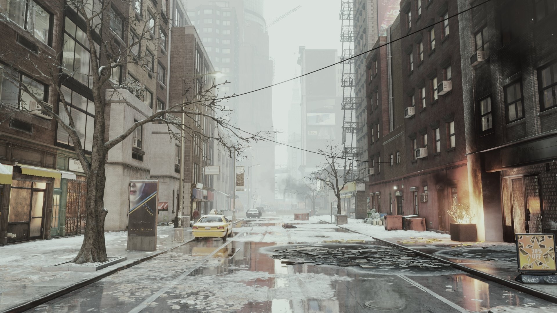 4K Ultra HD PC desktop wallpaper featuring a snowy, deserted urban street scene from the video game Tom Clancy's The Division.