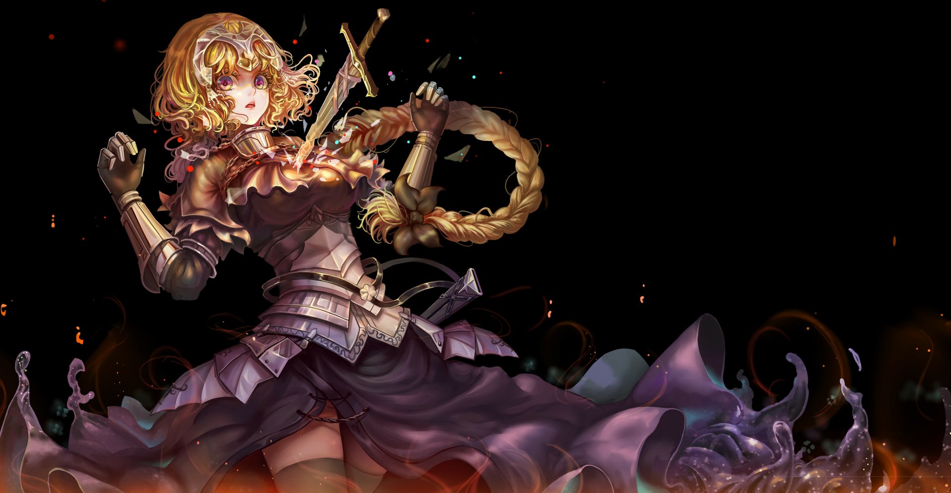 A stunning HD wallpaper featuring Jeanne d'Arc as Ruler from Fate/Apocrypha and Fate/Grand Order, showcasing her striking armor and elegant pose against a dark background.