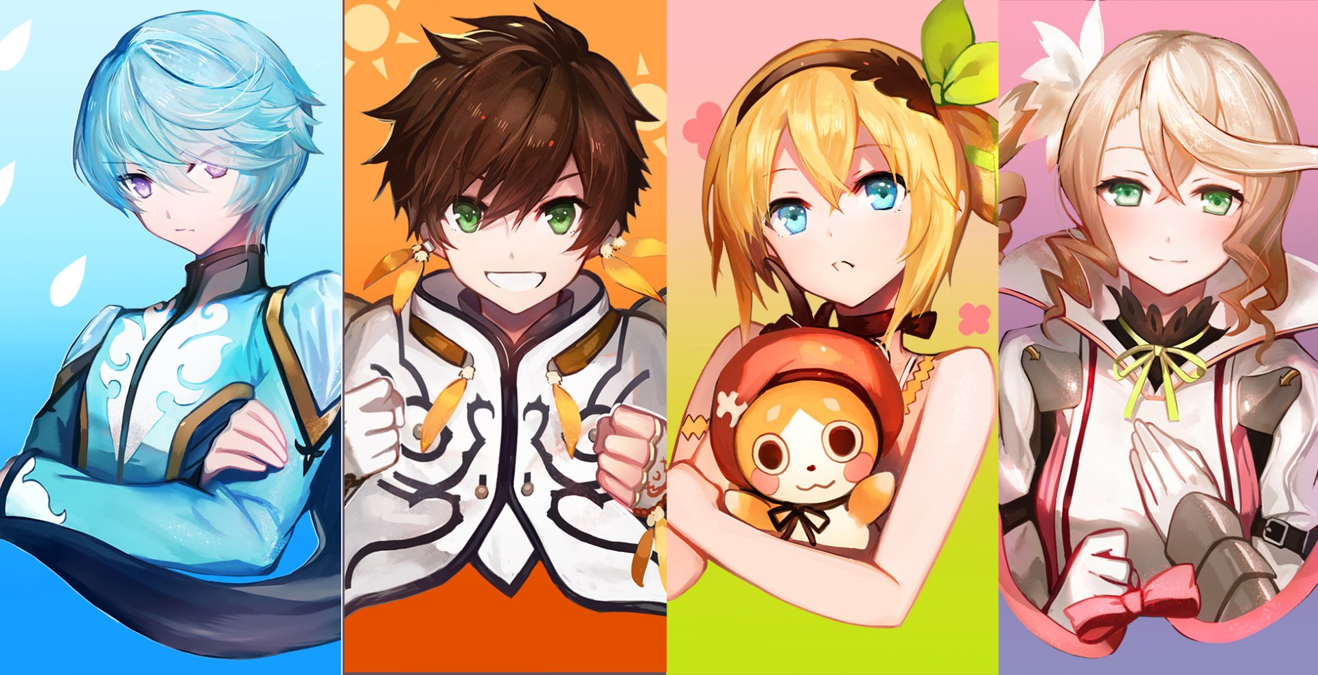 HD PC desktop wallpaper featuring Mikleo, Sorey, Edna, and Alisha Diphda from the anime Tales of Zestiria the X in vibrant colors.