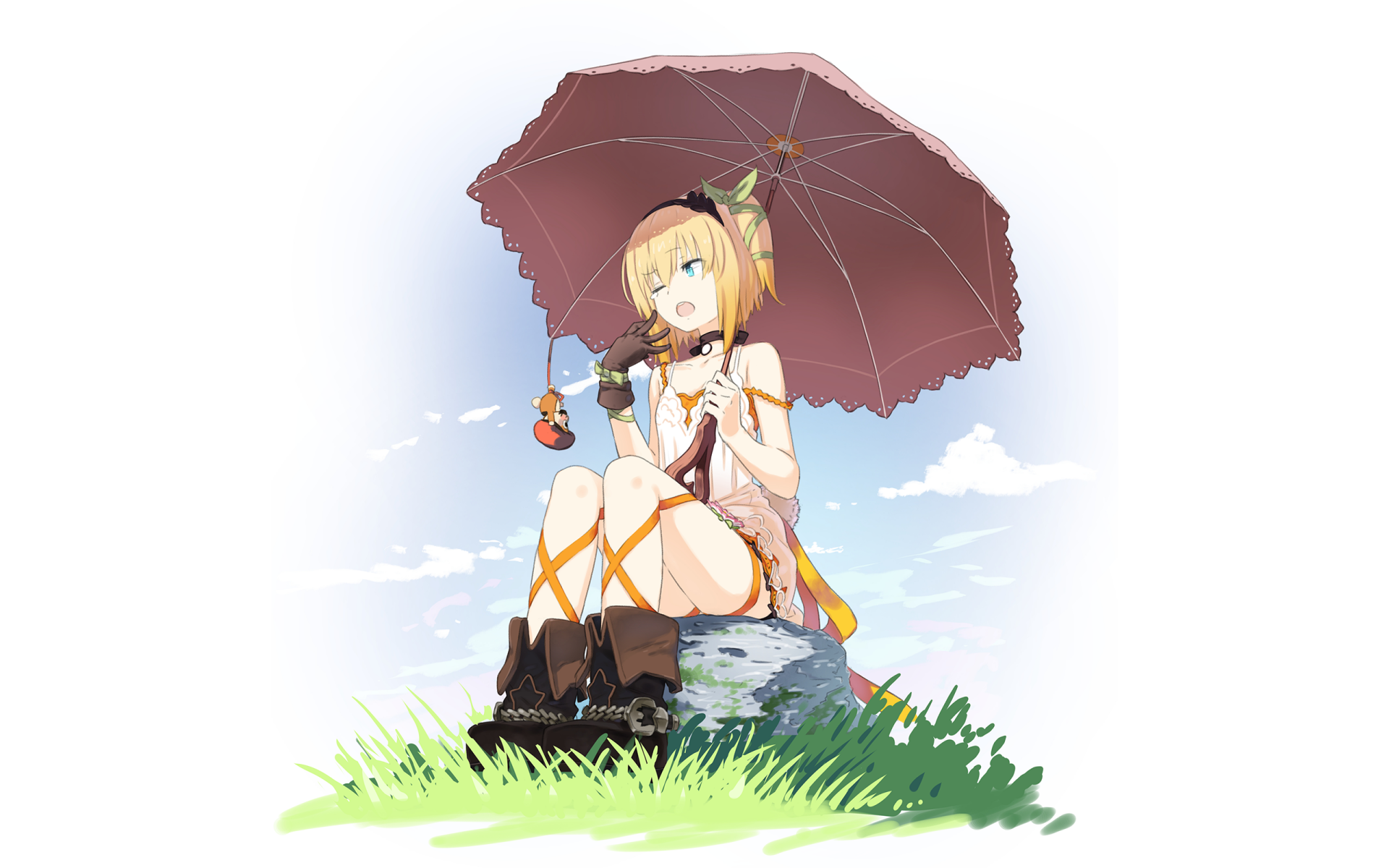 A vibrant HD wallpaper featuring Edna from Tales of Zestiria the X, relaxing under a pink umbrella against a backdrop of blue skies and green grass.