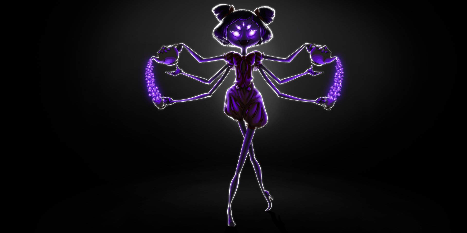 Muffet from Undertale stands confidently, showcasing her glowing purple eyes and fangs. Her multiple arms hold treats, and she wears high heels, set against a dark background.