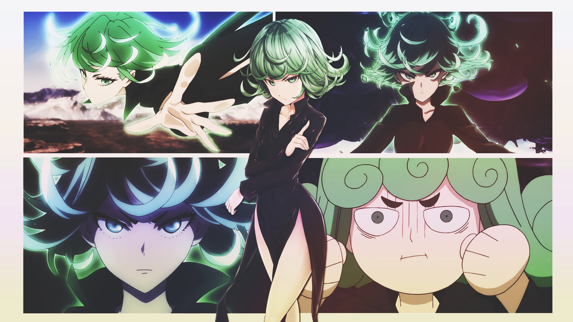 A dynamic HD wallpaper featuring Tatsumaki from One-Punch Man, showcasing her powerful presence and various expressions from the anime.