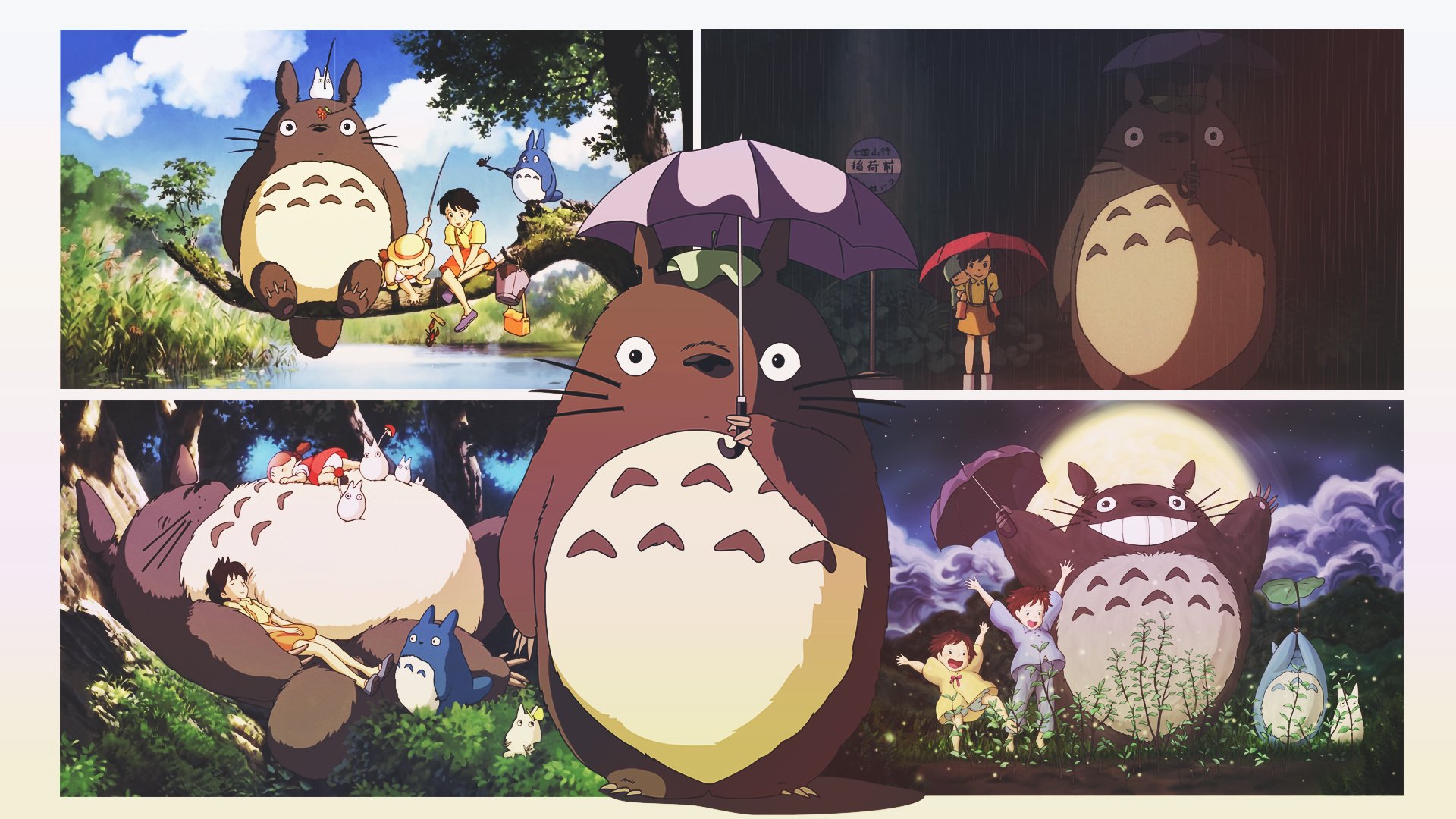 A vibrant HD wallpaper featuring Satsuki and Mei Kusakabe alongside Totoro and Mini Totoro from My Neighbor Totoro, capturing the enchanting spirit of this beloved anime.