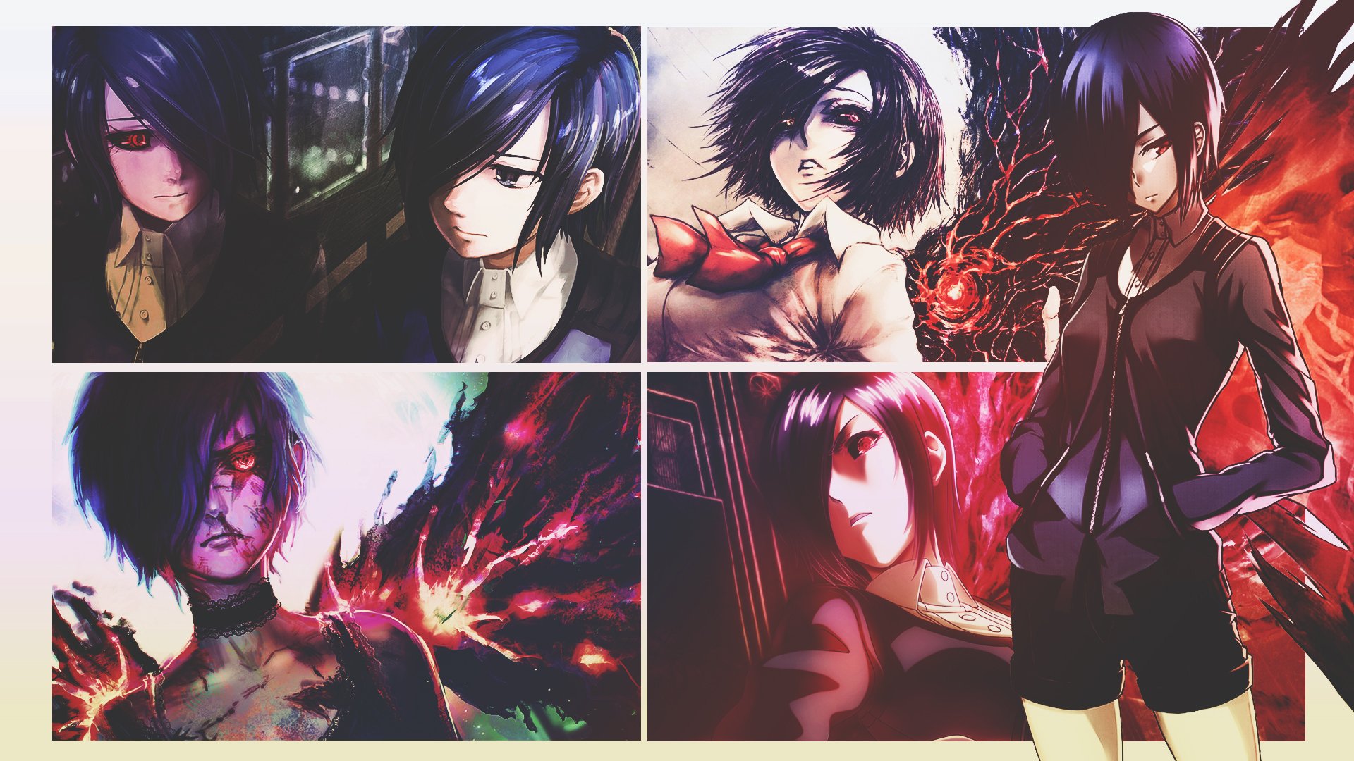 Artistic HD desktop wallpaper featuring Touka Kirishima from Tokyo Ghoul, showcasing various expressions and dynamic scenes from the anime series.