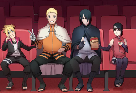 A HD desktop wallpaper featuring Naruto Uzumaki, Sasuke Uchiha, Sarada Uchiha, and Boruto Uzumaki from the anime Boruto, sitting in a red theater, enjoying popcorn together.