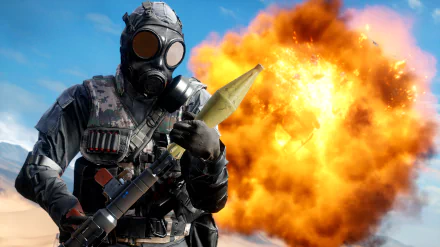 A Battlefield 4 soldier in a gas mask wields a rocket launcher with a massive explosion in the background, captured in stunning 4K Ultra HD PC wallpaper quality.