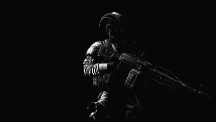 A dark-themed image of a soldier holding a machine gun, inspired by the video game Battlefield 4, featuring striking visuals suited for a 4K Ultra HD PC desktop wallpaper.