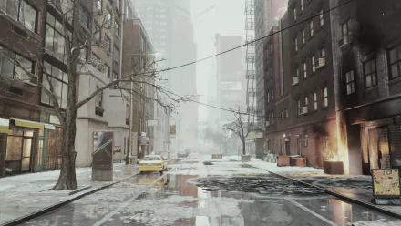 4K Ultra HD PC desktop wallpaper featuring a snowy, deserted urban street scene from the video game Tom Clancy's The Division.