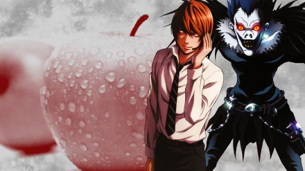 HD wallpaper featuring Ryuk and Light Yagami from the anime Death Note, with a backdrop of apples and a moody atmosphere, capturing the essence of their complex relationship.