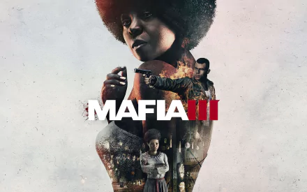HD PC desktop wallpaper/background for the video game Mafia III: silhouetted woman with afro overlaid with cityscapes and the protagonist, MAFIA III logo centered.