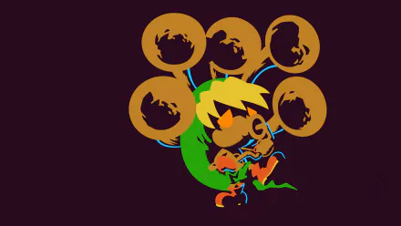 Stylized HD desktop wallpaper featuring Deku Link from The Legend of Zelda: Majora's Mask with iconic masks in vibrant, minimalist design.