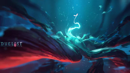 HD PC desktop wallpaper featuring atmospheric underwater artwork from the video game Duelyst, highlighting a glowing serpent-like creature amidst dark, swirling currents.