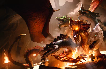 A dynamic HD desktop wallpaper featuring Tiamat and a fierce hydra, showcasing a dramatic clash of mythical dragons in a fiery scene from Dungeons & Dragons.