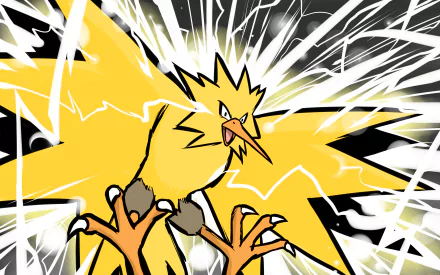 A vibrant 4K Ultra HD wallpaper featuring Zapdos, the electric bird Pokémon from anime, soaring amid dynamic lightning and bright yellow bursts.