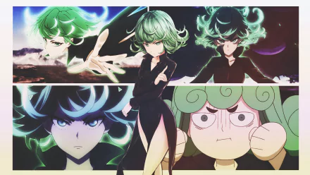 A dynamic HD wallpaper featuring Tatsumaki from One-Punch Man, showcasing her powerful presence and various expressions from the anime.