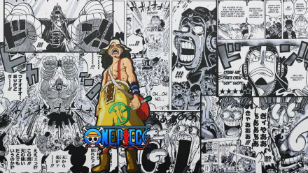 HD wallpaper featuring Usopp from One Piece, surrounded by dynamic illustrations and expressive manga panels that bring the anime's vibrant world to life.