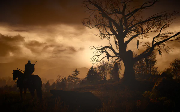 HD desktop wallpaper featuring Geralt of Rivia from The Witcher 3: Wild Hunt. Geralt, mounted on his horse, contemplates a haunting tree silhouetted against a dramatic sunset.