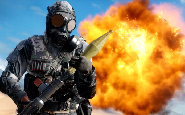 A Battlefield 4 soldier in a gas mask wields a rocket launcher with a massive explosion in the background, captured in stunning 4K Ultra HD PC wallpaper quality.