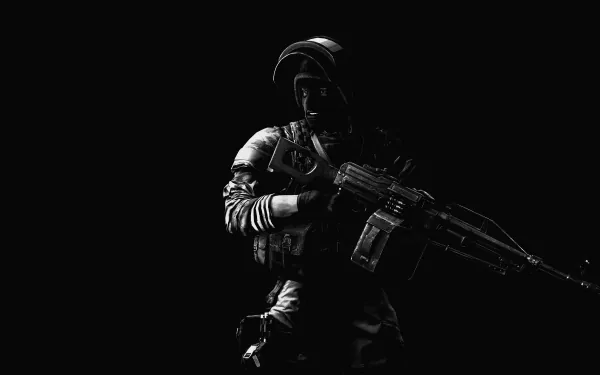 A dark-themed image of a soldier holding a machine gun, inspired by the video game Battlefield 4, featuring striking visuals suited for a 4K Ultra HD PC desktop wallpaper.