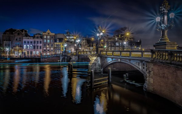 Man Made Amsterdam Cities Netherlands City Bridge Night River Light Reflection HD Wallpaper | Background Image