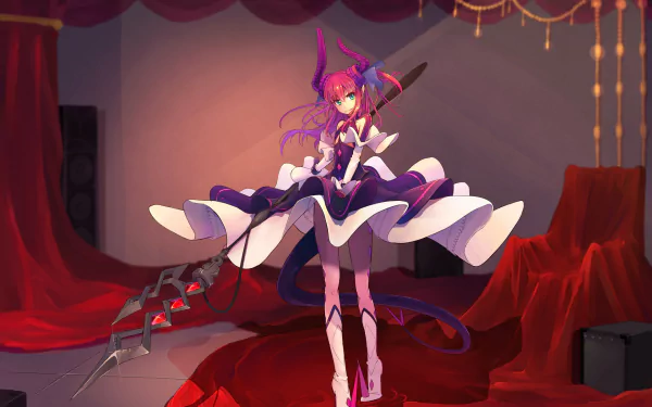 HD PC desktop wallpaper featuring Lancer from Fate/Extra in dynamic anime style, standing with her spear amidst a dramatic red and dark-toned background.