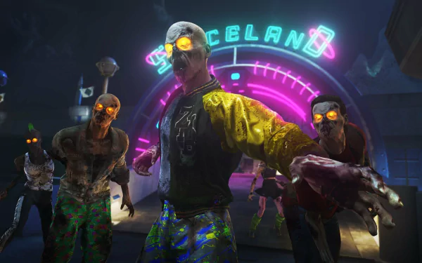 A vibrant HD wallpaper featuring zombies from Call of Duty: Infinite Warfare, set in a neon-lit arcade environment, capturing the game's intense action and atmosphere.