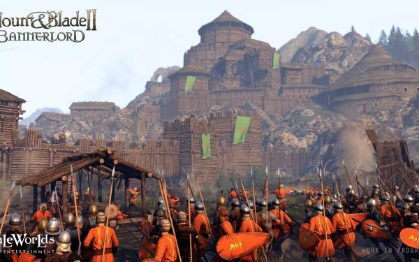 HD PC desktop wallpaper from the video game Mount & Blade II: Bannerlord — ranks of orange-clad soldiers with spears and shields face a fortified hilltop castle with green banners.
