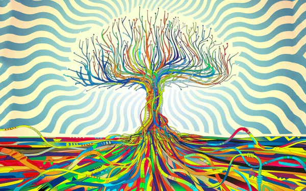 Colorful, artistic tree with vibrant roots against a wavy, hypnotic background creates a striking HD PC desktop wallpaper and background.