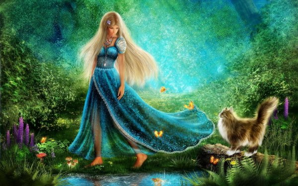 Fantasy Women Cat Forest HD Wallpaper | Background Image