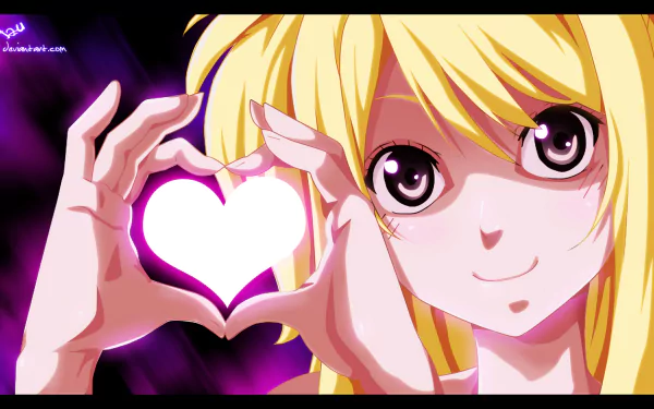 Lucy Heartfilia from the anime Fairy Tail creates a heart shape with her hands, smiling. This vibrant image serves as a high-definition PC desktop wallpaper and background.