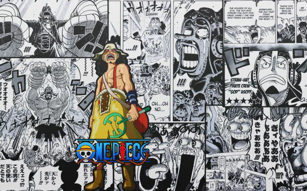 HD wallpaper featuring Usopp from One Piece, surrounded by dynamic illustrations and expressive manga panels that bring the anime's vibrant world to life.