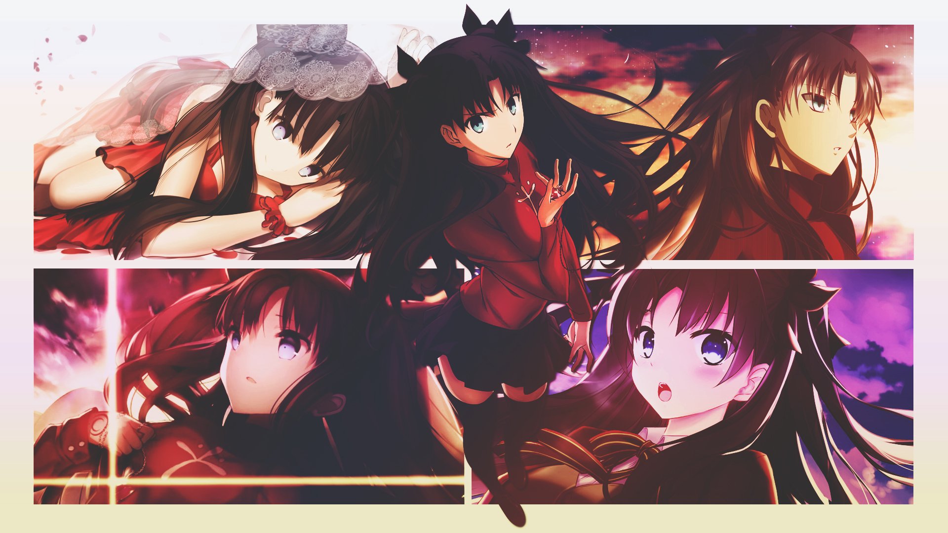 HD wallpaper featuring Rin Tohsaka from the anime Fate/Stay Night, showcasing dynamic poses and expressions against a vivid background.