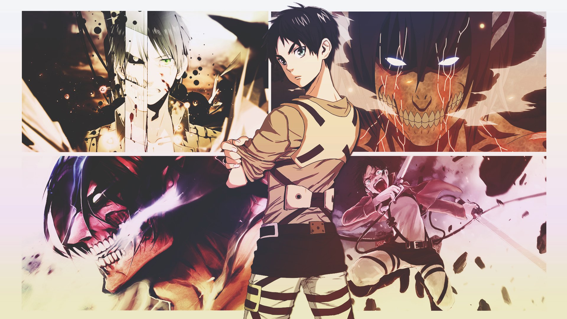 A dynamic HD desktop wallpaper featuring Eren Yeager from Attack on Titan, showcasing intense scenes and characters from the anime, highlighting action and emotion.