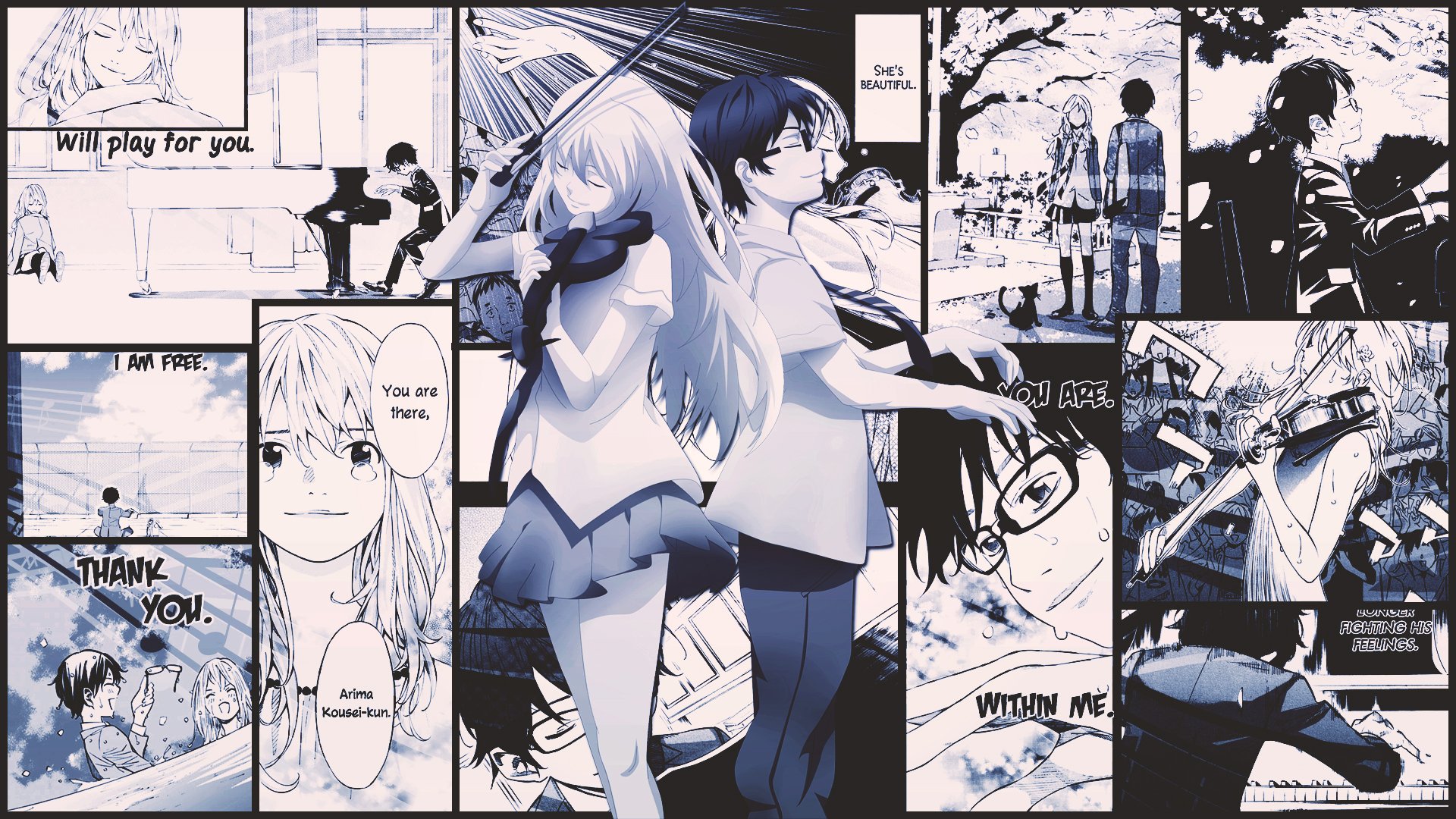 A captivating HD desktop wallpaper featuring Kousei Arima and Kaori Miyazono from the anime Your Lie in April, blending emotional moments and vibrant visuals.