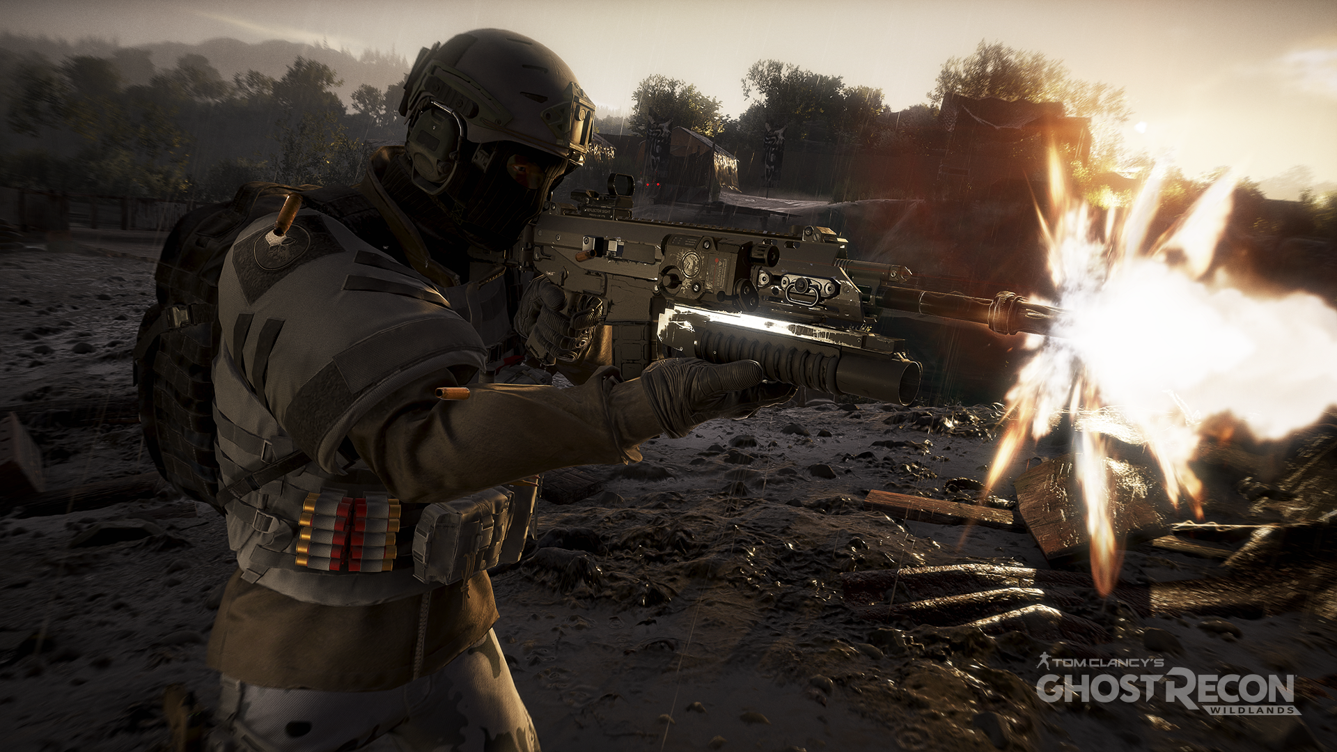 HD PC desktop wallpaper showcasing intense combat from the video game Tom Clancy’s Ghost Recon Wildlands, featuring a soldier firing a weapon in a dark, smoky environment.