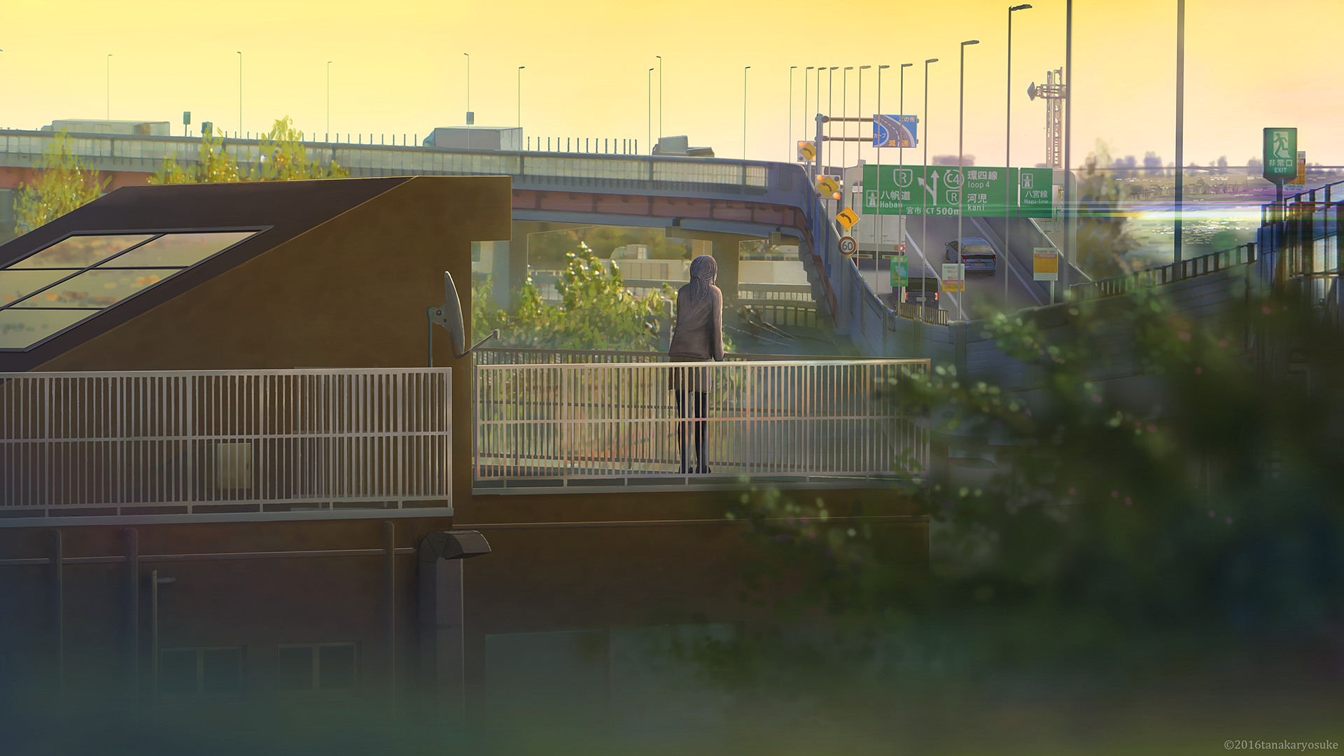 An anime-style HD desktop wallpaper featuring a solitary figure standing on a bridge, surrounded by greenery and distant highways, set against a serene sunset backdrop.